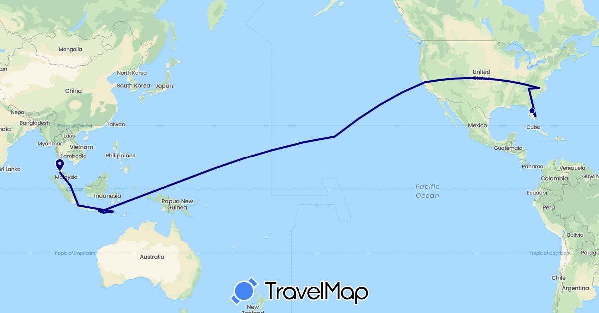 TravelMap itinerary: driving in Indonesia, Malaysia, Singapore, United States (Asia, North America)